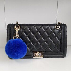 Genuine Rex Rabbit Fur PomPom Keychain Purse Charm Royal Blue
